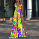 Pbong mid size graduation outfit romantic style teen swag clean girl ideas 90s latina aesthetic Bohemian Floral Print Sexy Deep V-Neck Split Long Dress Women Elegant Off Shoulder Party Dresses Ladies Fashion Sling Dress