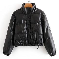 RR Casual Stand Collar Parkas Women Fashion Autumn Black Coats Women Elegant PU Leather Short Cotton Jackets Female Ladies