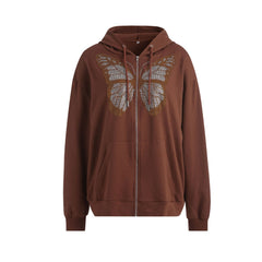 Women's Sweatshirt Loose Style Hooded Jacket,Letters Rhinestone Pattern Zipper Closure Autumn Casual Coat,Black/ Brown/ Purple