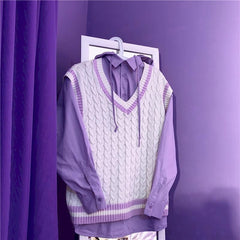 purple retro vest japanese sweet women Knitted jacket for korean style oversized clothes sleeveless tops young jackets