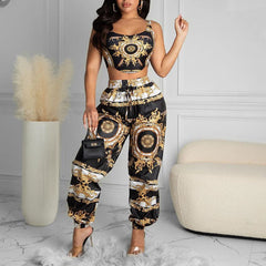 Summer Women Black Clubwear Two Piece Suit Sets Sleeveless Scarf Print Crop Top & High Waist Casual Long Pants Set