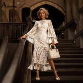 Boho Lace Solid White Perspective Thin Female The Dress Round Neck Embroidery Tassel Bilateral split Women Dresses