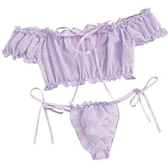 2PCS Off Shoulder Lace Up Bikini Set Women Sweet Casual Short Sleeve Swimsuits Beachwear Bathing Suits Sexy Lingerie