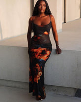Fashion Sexy Long Sleeveless Dress Flame Print Design For Elegant Beautiful Women Go Out Party Club Vacation Wear