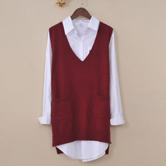 Long Knitted Vest Women V-neck Solid Polly Pocket Plus Size Sleeveless Vest Pullover Gilet Femme Korean Casual Female Vest 4XL