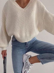 sweater fashion sexy v-neck loose women's top knitted milky white sweater womens knit sweaters women clothing