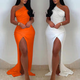 Summer Elegant Solid One Shoulder High Split Thigh Ruched Maxi Floor Dress White Sexy Corset Asymmetric Party Robes Female