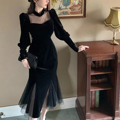 Elegant Mesh Velvet Black Long Dress Women Vintage Gothic Slim Party Dresses Female Winter Sexy Split Hollow Christmas Dress New