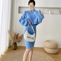 New Fall/Winter Bat Sleeve O-Neck Soft Sweater + Women's Knitted Vest Long Dress Two-Piece Dress Sets Femme