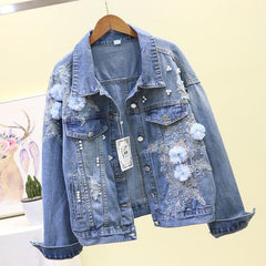 Pbong mid size graduation outfit romantic style teen swag clean girl ideas 90s latina aestheticAutumn Women Denim Jacket Embroidery Three-dimensional Floral Jeans Jacket Beading Pearl Ripped Hole Bomber Outerwear P778