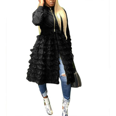 Jacket Women Long Sleeve zipper dress coat mesh lace Ruffle Patchwork long Jacket