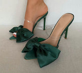 Silk Butterfly-knot Slippers Mule High Heels Women Sandals Flip Flops Pointed toe Strappy Slides Party Shoes