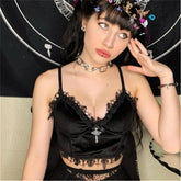 Velvet Y2K Mall Goth Crop Tops Black Lace Trim Emo Alternative Aesthetic Crop Tops Women Backless Sexy Strap Tanks