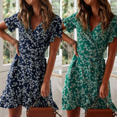 Women Dresses Summer Sexy V Neck Floral Print Boho Beach Dress Ruffle Short Sleeve A Line Mini Dress Sundress Robe Pbong mid size graduation outfit romantic style teen swag clean girl ideas 90s latina aesthetic