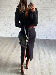 Long Sleeve Party Dresses Women Button Knitted Ankle-Length V-Neck Skinny Autumn Sexy Dresses Women Cotton Split Hem