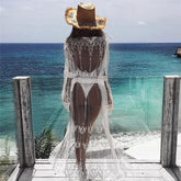 Pbong mid size graduation outfit romantic style teen swag clean girl ideas 90s latina aesthetic women Sexy Beach Dress White Chiffon Lace Kimono Beach Bikini Cover Up Wrap Cardigan Beachwear Hollow Out Long Dress Sundress