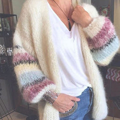 New Women Casual Cardigan Striped Winter Warm Tops Clothing Woman Striped Mohair Sweater Women Knitted Cardigan