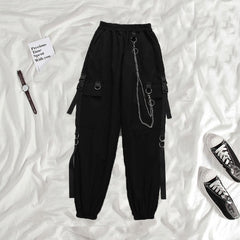 Women's Cargo Pants Buckle Ribbon Pocket Jogger Elastic Waist High Streetwear Harajuku Pant Chain Females Two Piece Pants