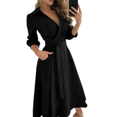 Spring Summer Lady Cover Up Women& Shirt Dress Wave Print Long Sleeve V-Neck Casual Loose Holiday Midi Dress Plus Size