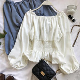 Pbong Youth Elegant Blouse Women Chiffon Fashion Blouse Off Shoulder White Shirt Ruffle Puff Sleeve Top Office wear