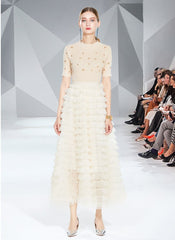 Runway Fahsion Vintage Woman Suits Beading Stand Collar Short Sleeve Top + A Line Ball Gown Skirt Two Piece Knitted Sets M69521