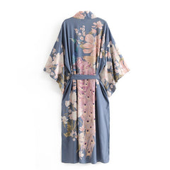 Spring Summer Bohemian V neck Peacock Flower Print Long Kimono Shirt Ethnic New Lacing up Sashes Long Cardigan Loose Blouse
