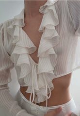 Stylish Women Sexy Tie bow Front Ruffles Cropped Shirt High waist Short Blouse Long Flare sleeve French Tops Black White