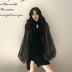 Black Slit Dress Women's Clothing Retro Patchwork Velvet Lantern Sleeve Dress Sexy Woman Dresses Vestido De Mujer Femme Robe