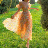Summer Floral Design Elegant Midi Dresses Women Office Lady One Piece Dress Korean Short Sleeve Vintage Beach Strap Dress