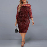 Women's Summer Dress Elegant Sequin Evening Party Dresses Mesh Patchwork Casual Midi Dress Wine Red Wedding Club Outfits