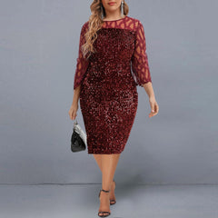 Women's Summer Dress Elegant Sequin Evening Party Dresses Mesh Patchwork Casual Midi Dress Wine Red Wedding Club Outfits