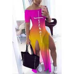 Pbong mid size graduation outfit romantic style teen swag clean girl ideas 90s latina aestheticShort Sleeve Maxi Dresses for Women Letter Print Off Shoulder Spring Summer Casual Tie Dye Split Long Boho Dress