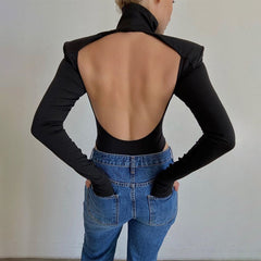 Sexy Backless Bodysuits Turtleneck Elegant Club Party Women's Tops One Piece Outfit High Waist Bodysuit Rompers