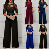 Pbong mid size graduation outfit romantic style teen swag clean girl ideas 90s latina aestheticWomen Fashion Jumpsuits Elegant Round Collar Seven Quarter Sleeve Lace Tops Loose Straight Pants Women Suit Baggy Jumpsuit