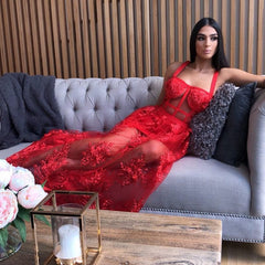 High Quality Red Lace Sleeveless Hollow Out Long Rayon Bandage Dress Evening Party Cute Dress Pbong mid size graduation outfit romantic style teen swag clean girl ideas 90s latina aesthetic