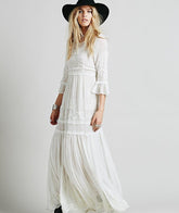 new free shipping Bohemia embroidery maxi dress women's white ruffles elegant sweet long loose dress fashion party dresses