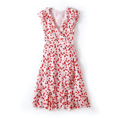 spring and summer women's new fashion V-neck ruffled waist slimming silk printed A-line dress