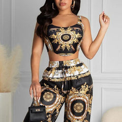Summer Women Black Clubwear Two Piece Suit Sets Sleeveless Scarf Print Crop Top & High Waist Casual Long Pants Set