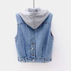 Spring, Summer and Autumn Hooded Denim Vest Women's Short Vest Sleeveless Top