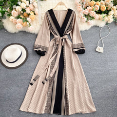 Spring Autumn Women Printed Long Dress Vintage Puff Long Sleeve High Waist A-Line Vestidos Female New Fashion Beach Robe