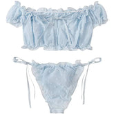 2PCS Off Shoulder Lace Up Bikini Set Women Sweet Casual Short Sleeve Swimsuits Beachwear Bathing Suits Sexy Lingerie