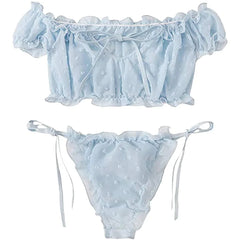 2PCS Off Shoulder Lace Up Bikini Set Women Sweet Casual Short Sleeve Swimsuits Beachwear Bathing Suits Sexy Lingerie