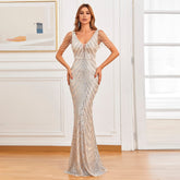 Women Beading Dress Long Prom Dress Deep V Neck Silver Sequin Evening Dress Sexy Party Maxi Dress