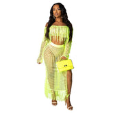Sexy Crochet Beach Skirt Sets Slash neck Long Sleeve Crop Top and Split Long Skirts Women Tassel 2 Piece Summer Classic Outfit