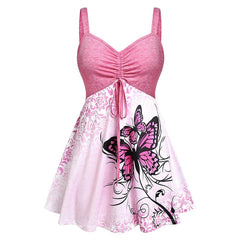 Fashion Ombre Color Butterfly Print Ruched Drawstring pleats Mini Dress Casual Sleeveless V Neck Sling Women Summer Sexy Dress Pbong mid size graduation outfit romantic style teen swag clean girl ideas 90s latina aesthetic