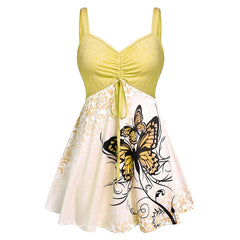 Fashion Ombre Color Butterfly Print Ruched Drawstring pleats Mini Dress Casual Sleeveless V Neck Sling Women Summer Sexy Dress Pbong mid size graduation outfit romantic style teen swag clean girl ideas 90s latina aesthetic