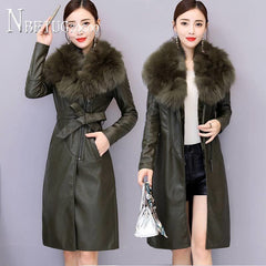 Faux Fur Collar Winter Women Pu Leather Coat Thick Korean Female Jacket