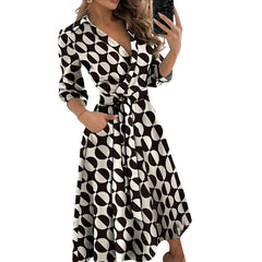 Spring Summer Lady Cover Up Women& Shirt Dress Wave Print Long Sleeve V-Neck Casual Loose Holiday Midi Dress Plus Size
