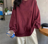 No Hat Hoodies Women Elegant Solid Burgundy Fashion Ulzzang All-match O-neck Sweatshirts Femme Japanese Style Long Sleeve Tops