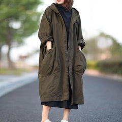 Johnature Autumn New Loose Plus Size Hooded Single Breasted Windbreaker Simple Casual Solid Color All-match Women Long Coat